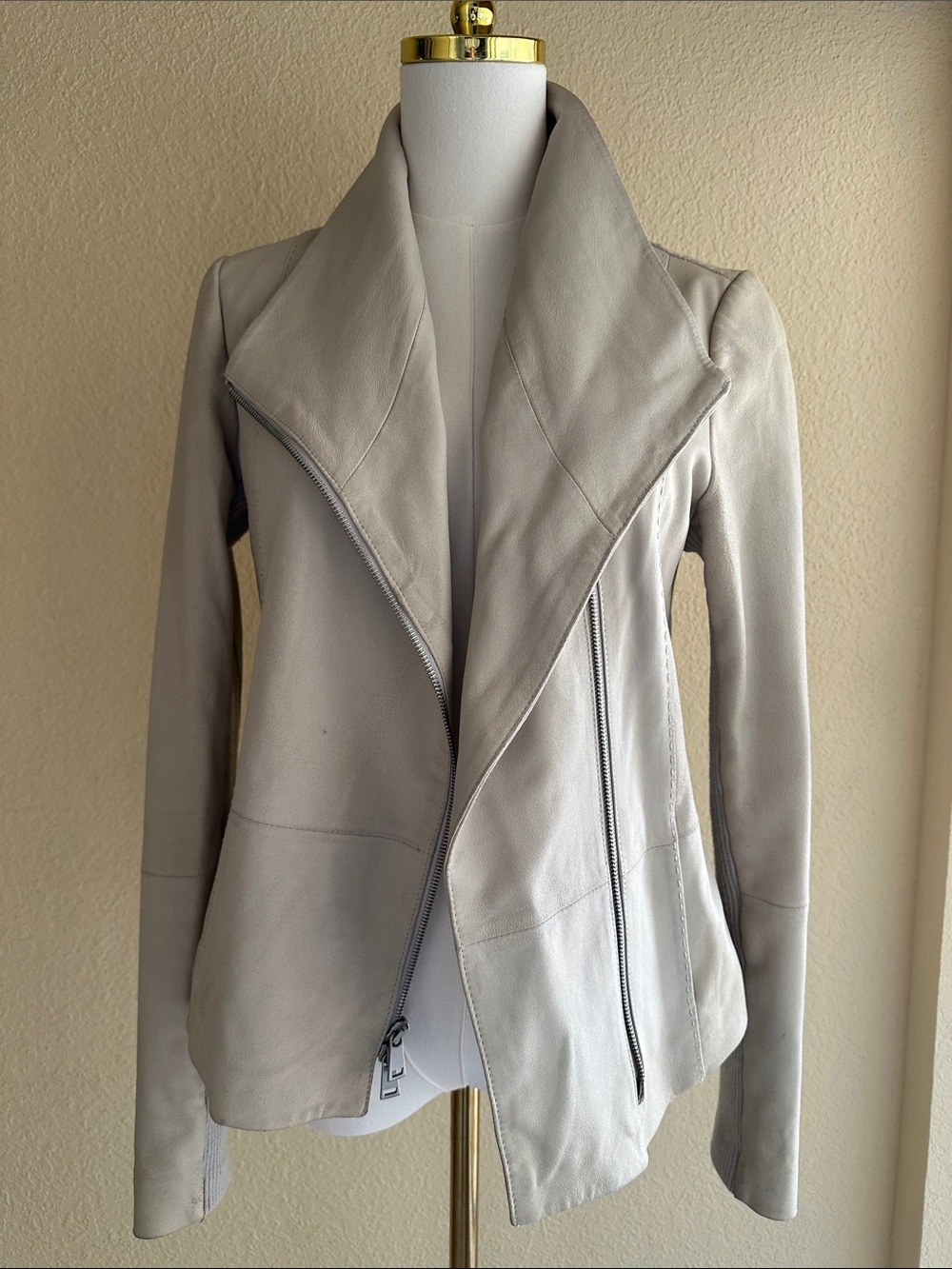 Vince Beige Asymmetrical Multiway Zip Leather Jacket